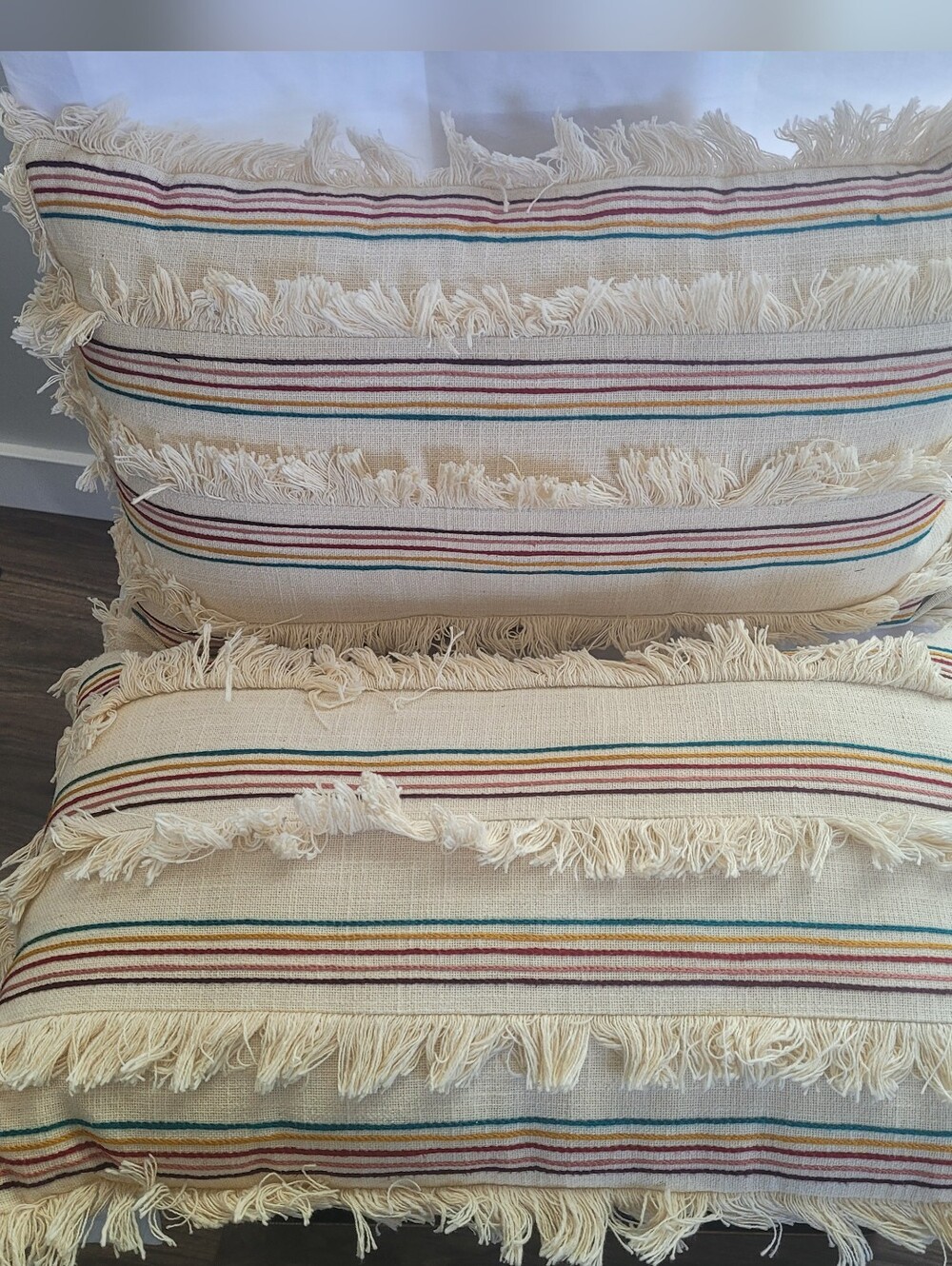 Fringed Striped Decorative Throw Pillow - Cream with Multicolor Stripes/ Rainbow